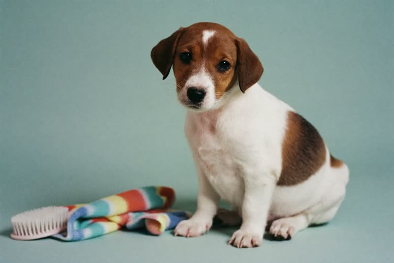A puppy sitting beside a brush and folded towel